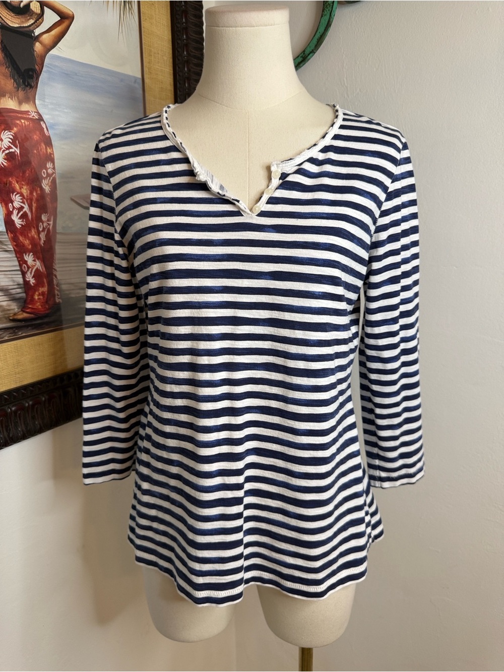 Tommy Bahama Navy & White Striped Long Sleeve Tee